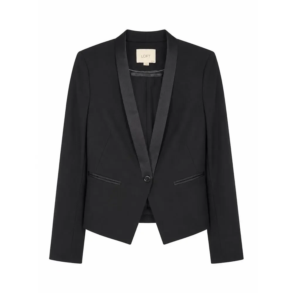 LOFT Black Tuxedo Blazer Jacket Petite 2P Satin Trim Career Formal